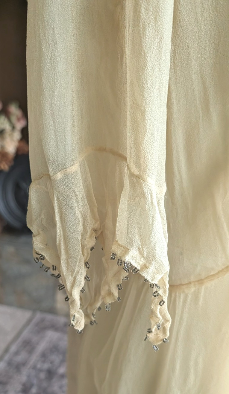 Antique 1920s silk beaded sheer dress beige flapper 40″ bust bead trim
