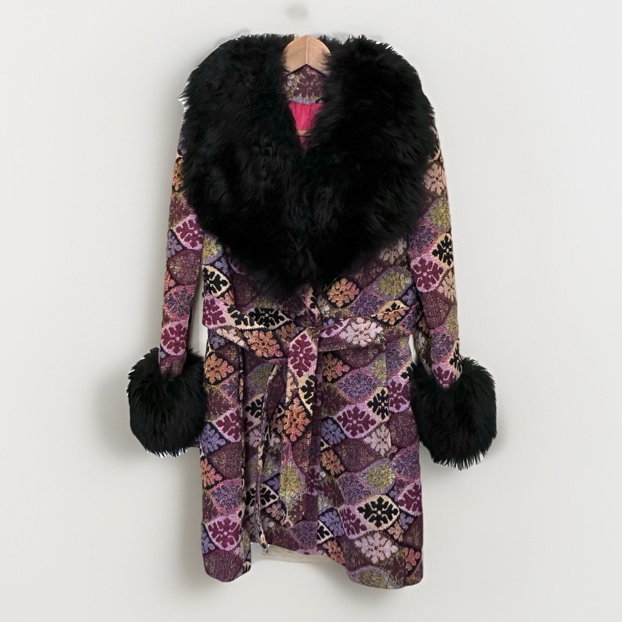Vintage Tapestry Carpet Bag Long Coat Womens Purple Mosaic Belted 70s Boho Hippy