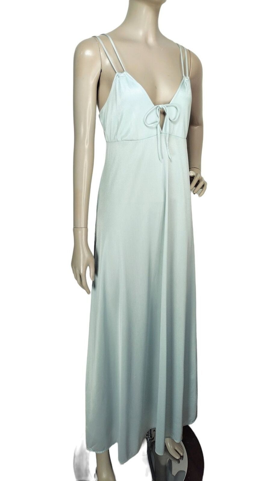 Vintage 70s Lady Cameo Blue Satin Nylon Strappy Sweeping Disco Dress Nightgown