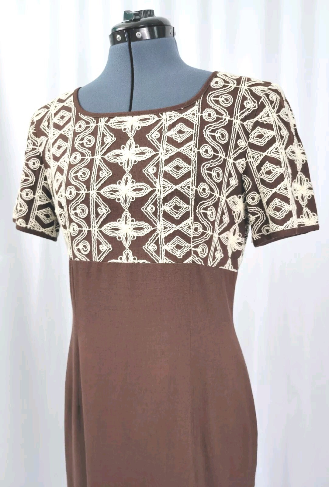 Vintage Yves Cosette Depeche Mode Brown Dress w Cream Embroidery Size 8