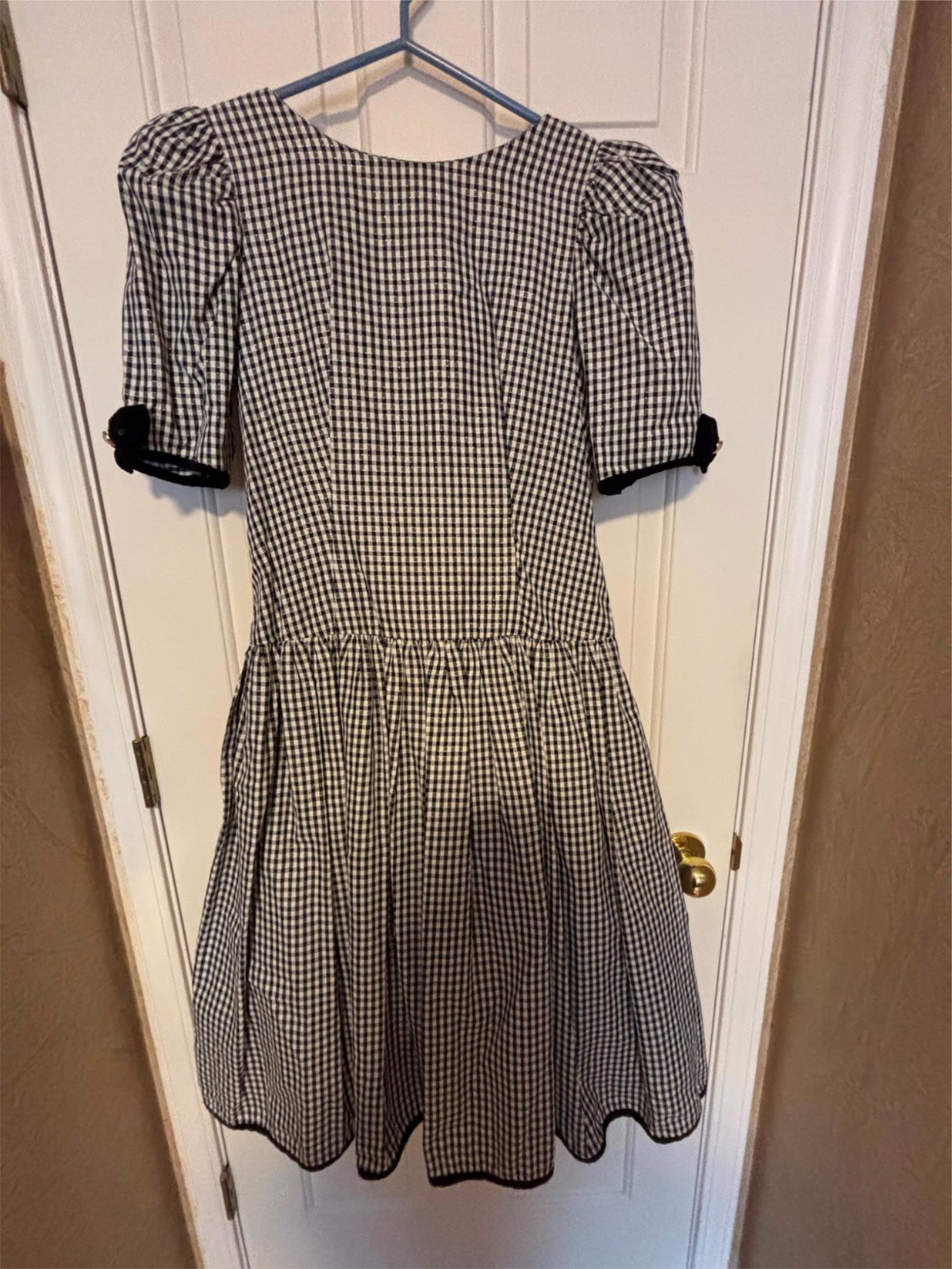Vtg. Misty Lane Gingham Party Dress, Black Velvet Bows, 7/8