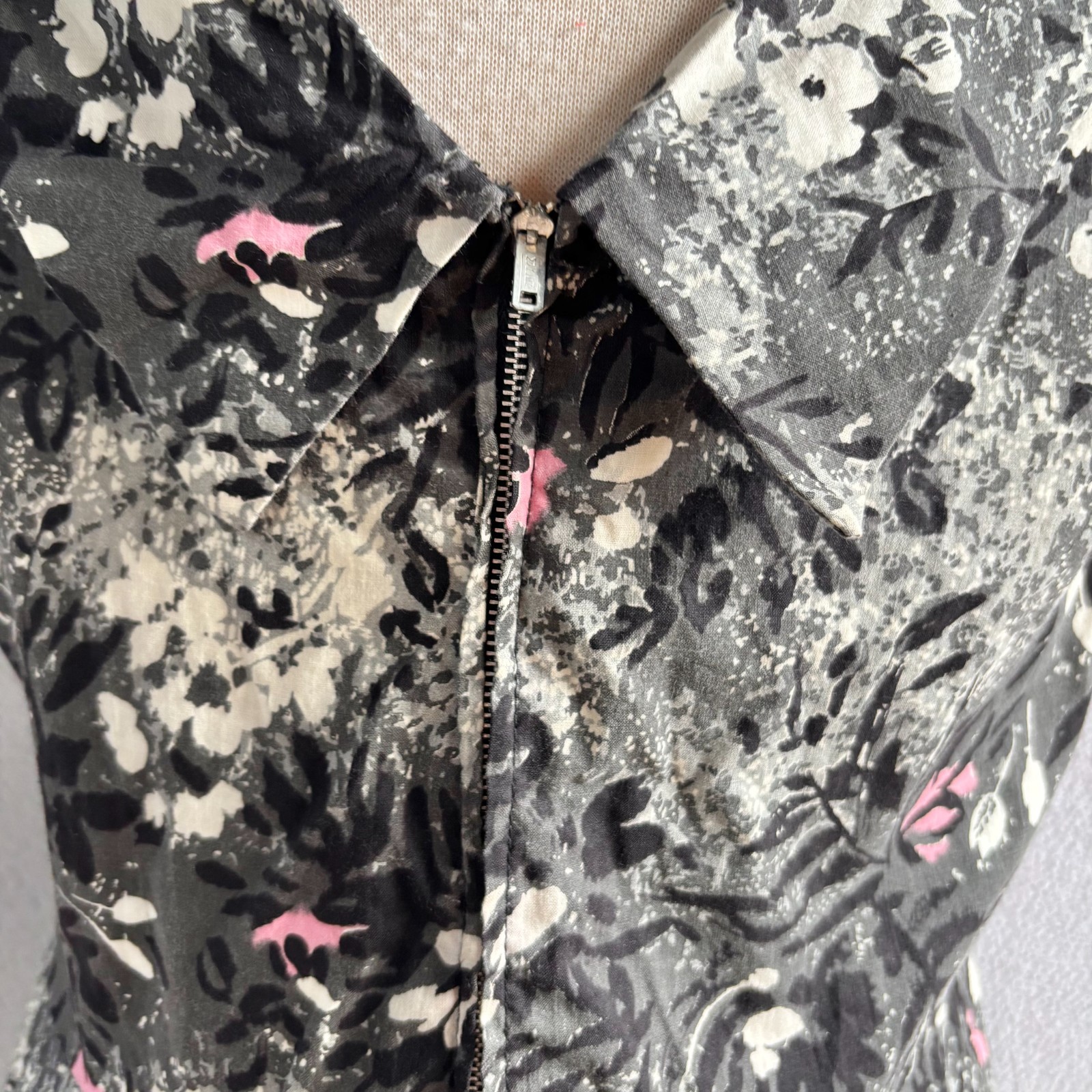 Vintage 1950s Pink Black Gray Abstract Print Fit & Flare Cotton Dress M/L