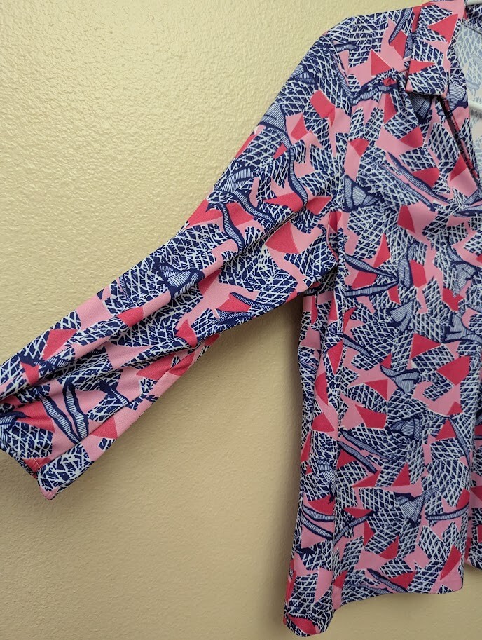 Vintage 70s Haband for Her Collared Geometric Long Sleeve Blouse Top Small Blue