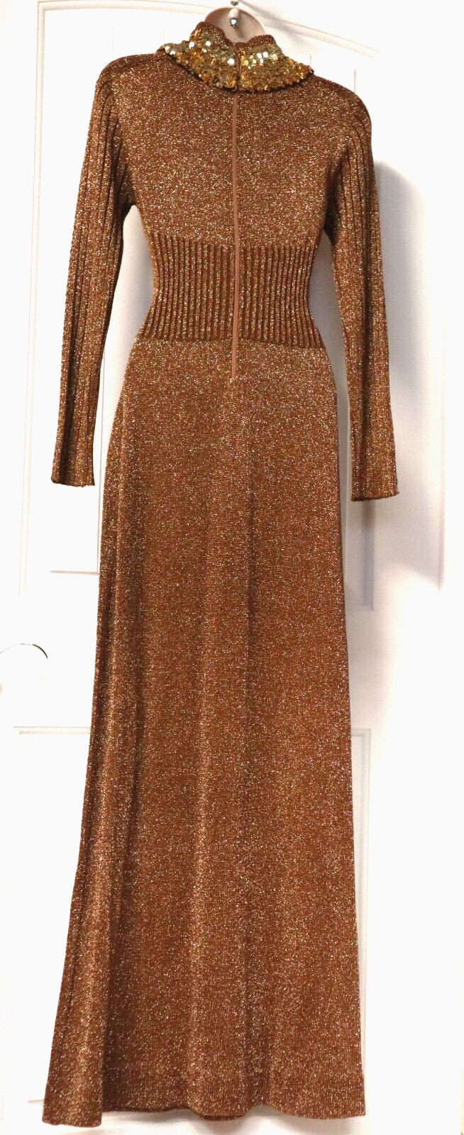 Vintage 1970s Wenjilli Glam Lurex Knit Sparkling Copper Maxi Dress size 7/8