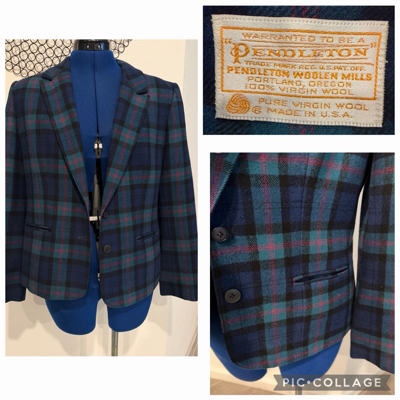 Vtg Pendleton Women’s Green & Blue 100% Virgin Wool Plaid Blazer Size Small