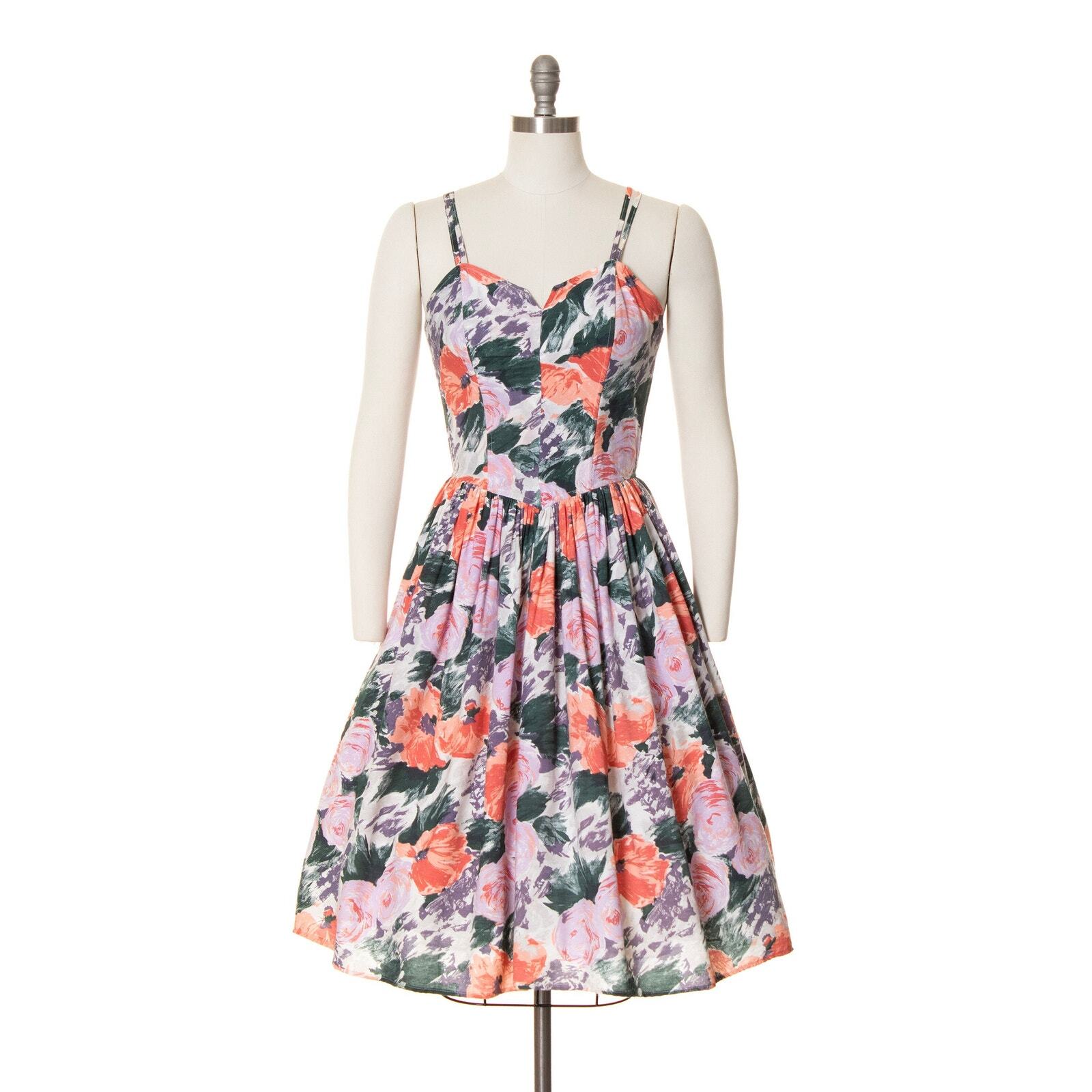 Vintage 1970s Sundress 70s does 1950s Floral Print Spaghetti Strap Fit and Flare