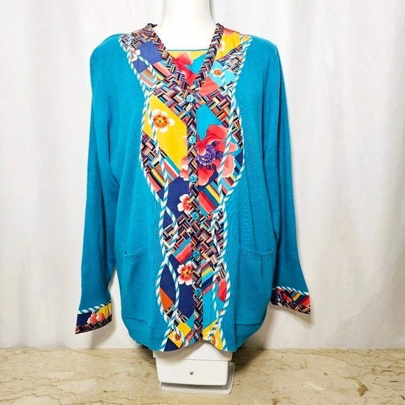 Vintage Koos of Course! 2-Piece Womens Turquoise Cardigan & Silk Shell Top L