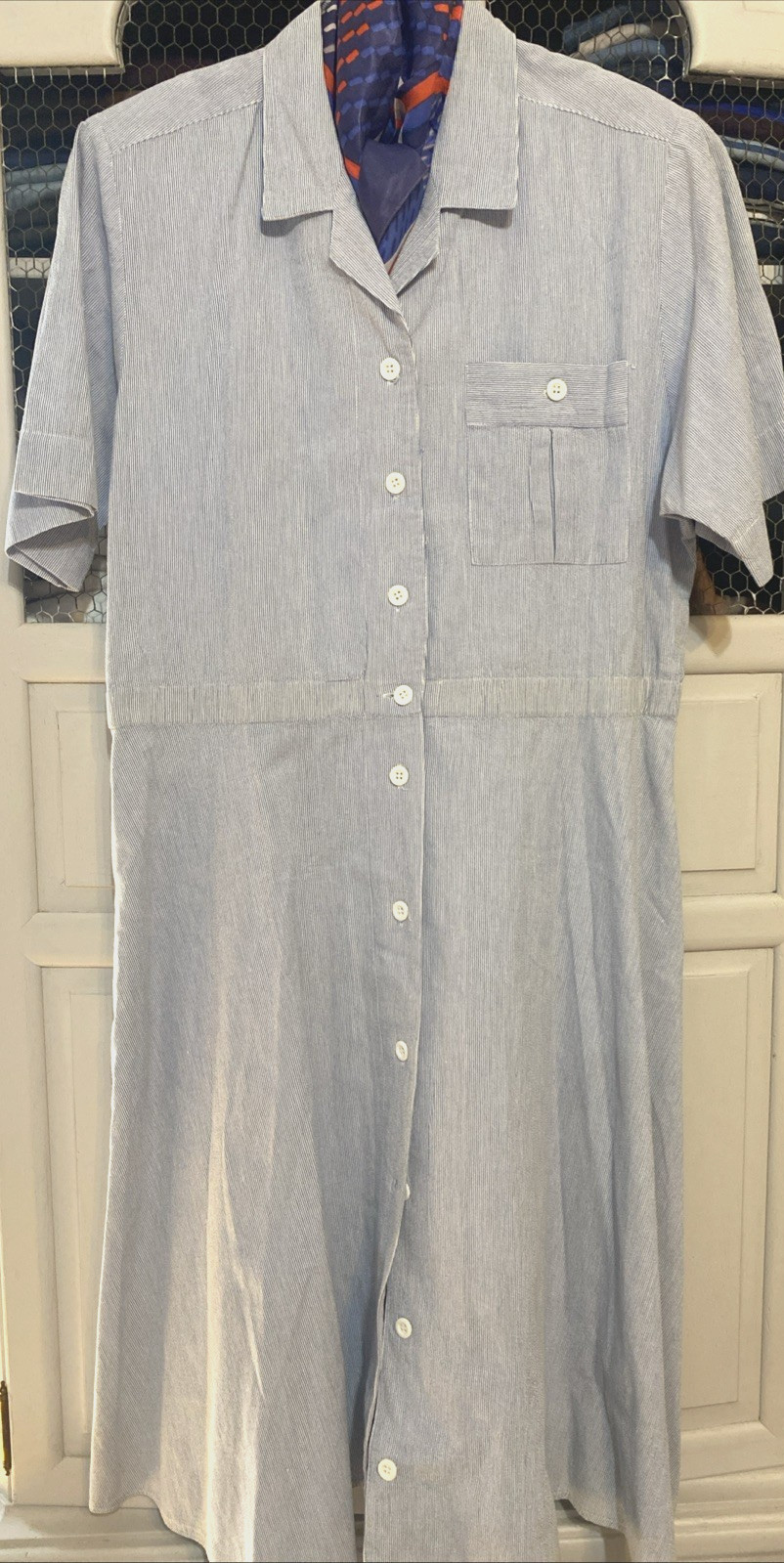 Vintage Andrew Harvey_Blue White Cotton Striped Shirt Dress, Size 14