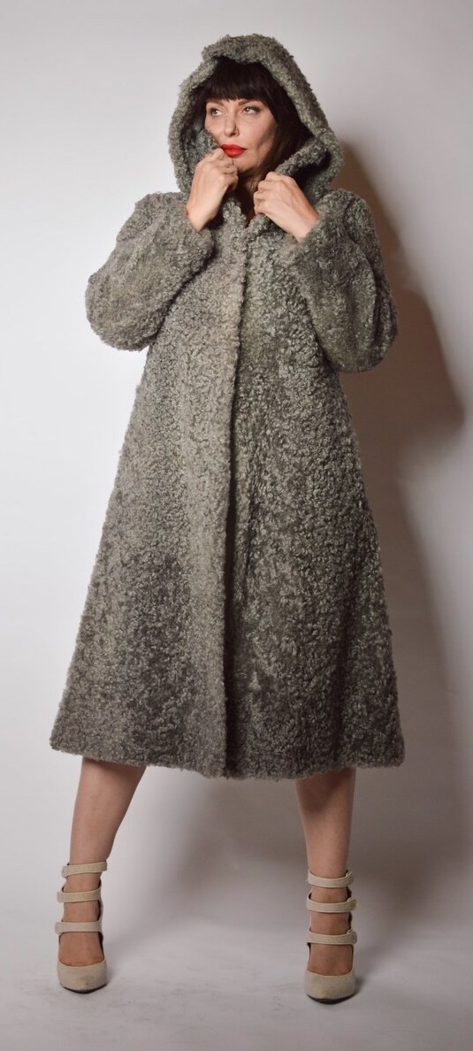 Vintage 50s Gray Greige Curly Viking Lamb Hooded Coat L EUC RARE