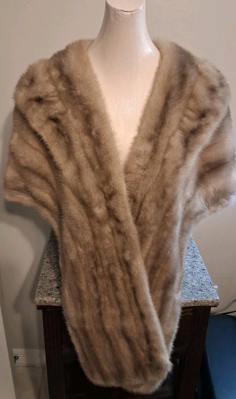 Vintage Mink Fur Stole Blonde & Brown Bridal Wedding Shoulder Wrap Great Shape