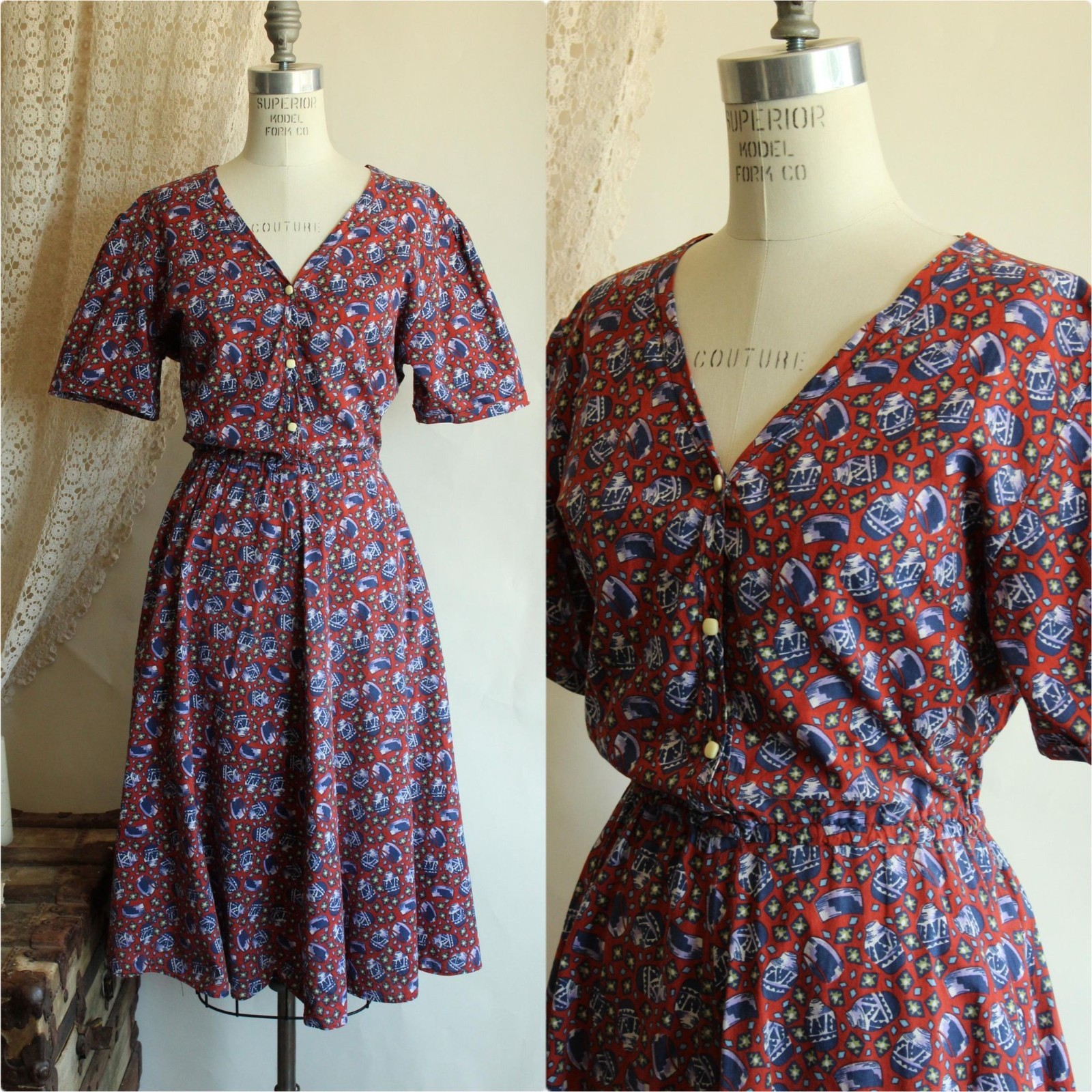 Vintage 1980’s Shirtwaist Dress, Volup 1950s Style Ginger Jar Novelty Print Midi