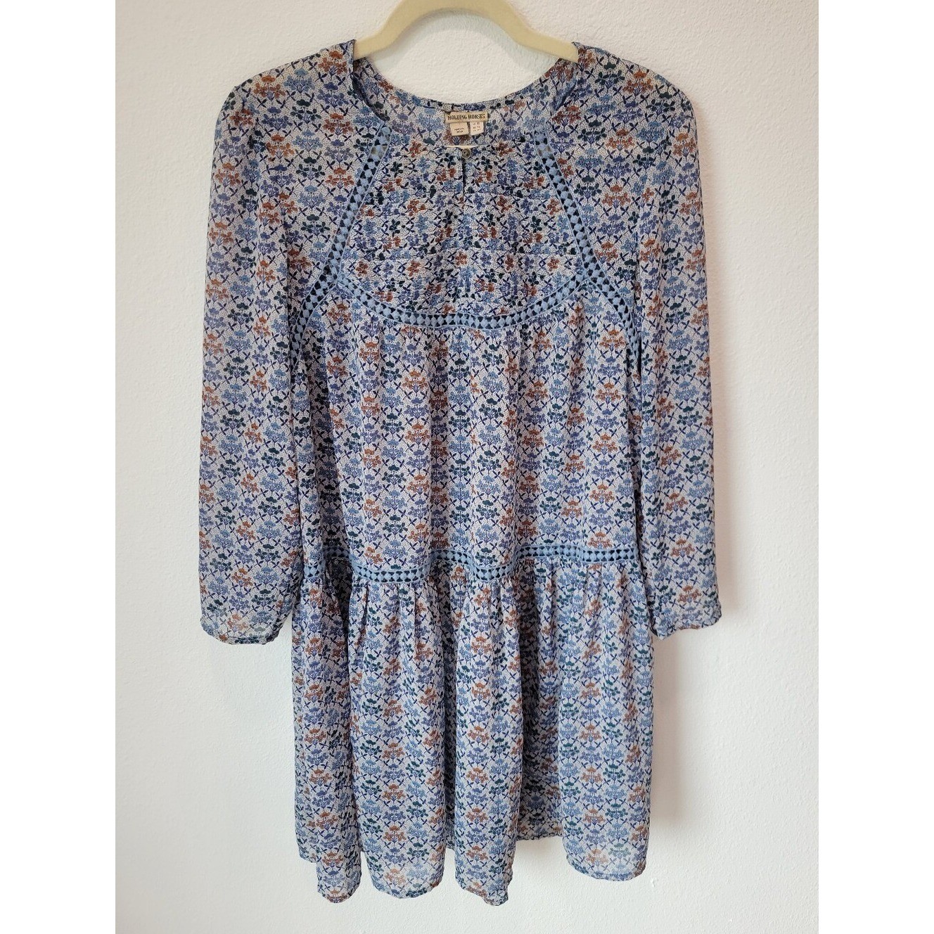 Holding Horses Anthropologie Betony Floral Swing Dress Women 12 Boho Blue Orange