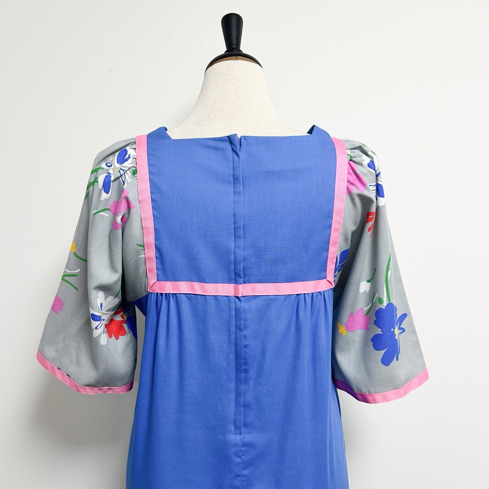 Carol Bennett Vintage Blue Grey Pink Floral 1/2 Puff Sleeve Long Mumu Medium