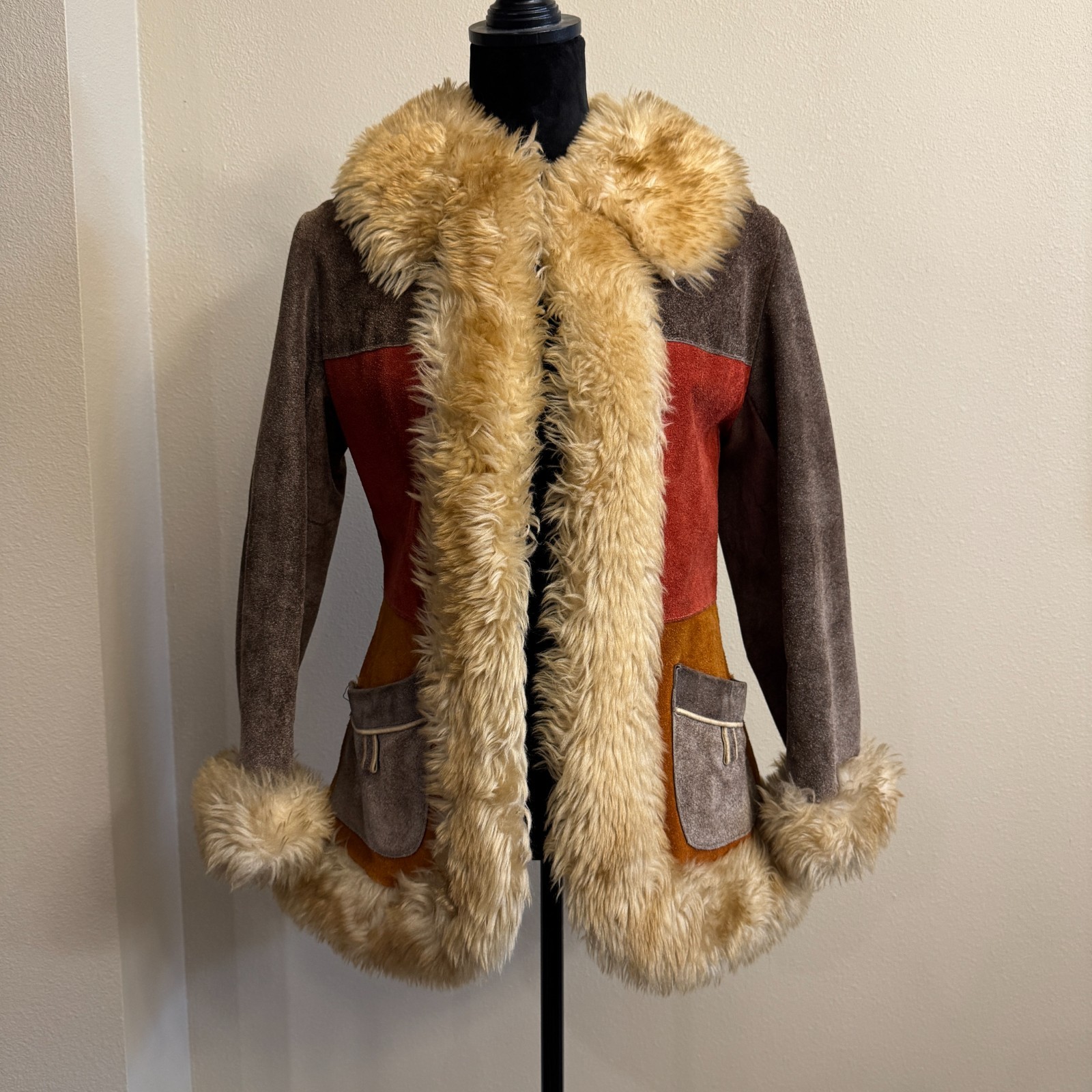 Vintage 60s/70s Penny Lane Patchwork Suede Fur Coat Boho Hippie Festival Sz 6
