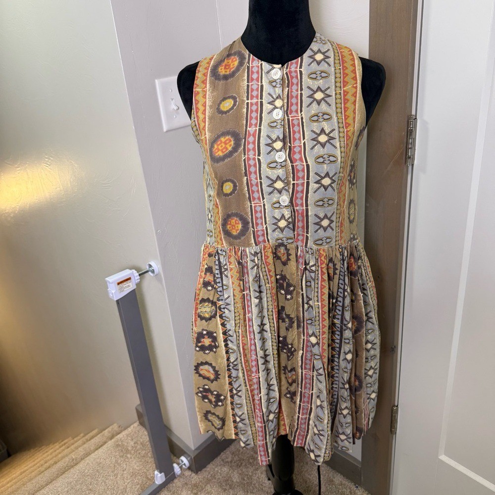 VTG Volia Popover Sleeveless Abstract Geometric Boho Hippie Dress 1/2 Button S
