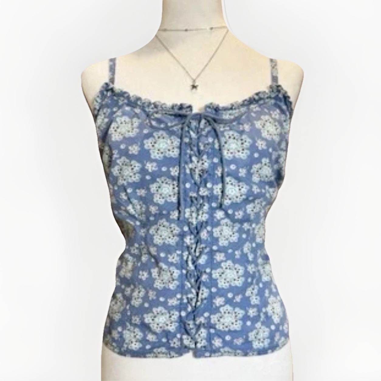 Vtg Y2K Corset Cami Top Coquette Beaded Cottagecore Delicate Lace-Up Festival L