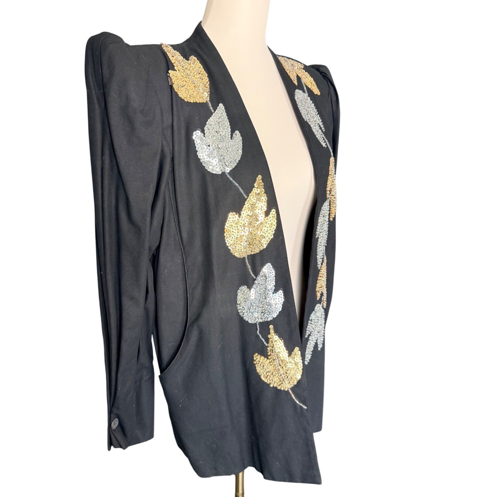 Vintage Mary Di Black Sequin Leaf Puff Shoulder Blazer Jacket Large 80s Glam