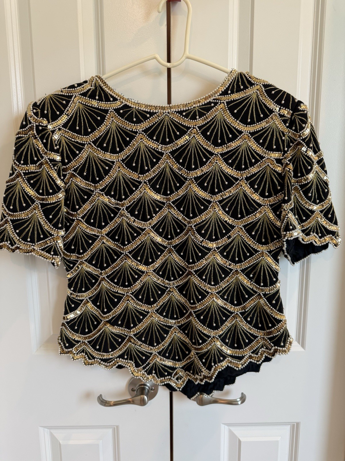 Vintage Beaded Sequined Top Black Gold Scallop Art Deco Flapper Party Blouse XL