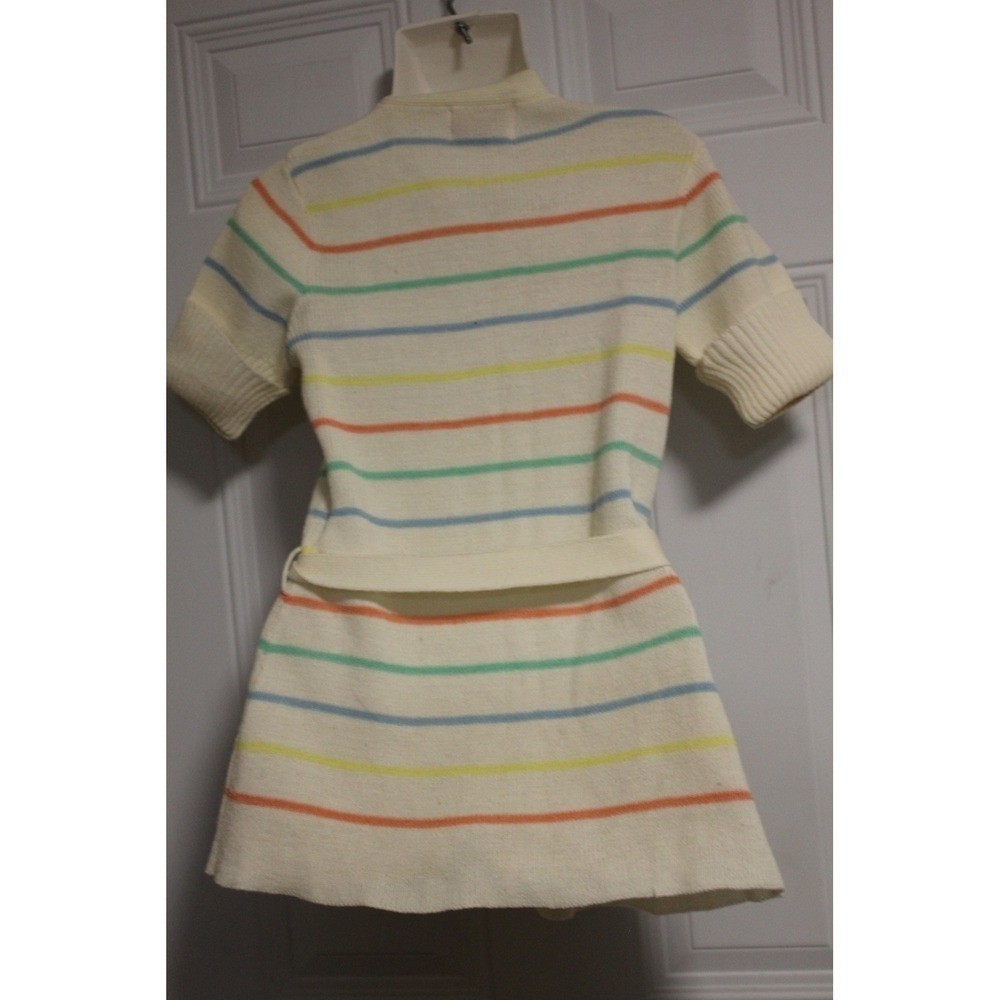Vintage 1970s Knit Sweater Dress Belted Rainbow Stripe Short Sleeve SZ Med Retro