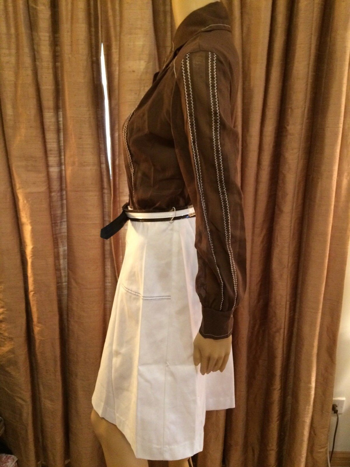 Kenny Classics 60s Sheer Brown Blouse w/Solid White Skirt Accent Stitching-Sz 8