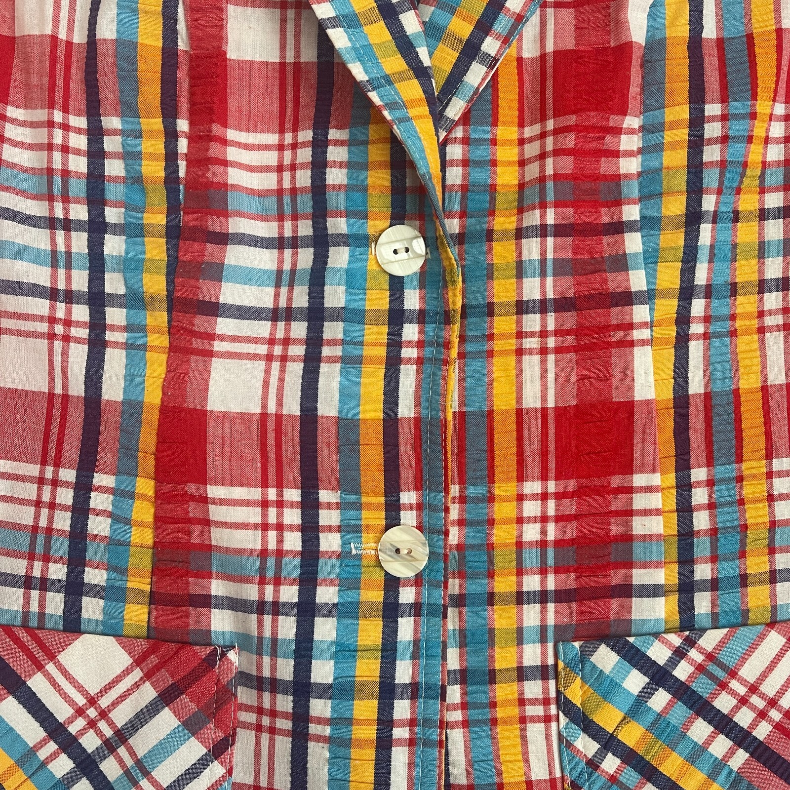 Vintage Retro 70s 80s Salem Red Teal Navy Yellow Plaid S/S Casual Top Sz 13/14