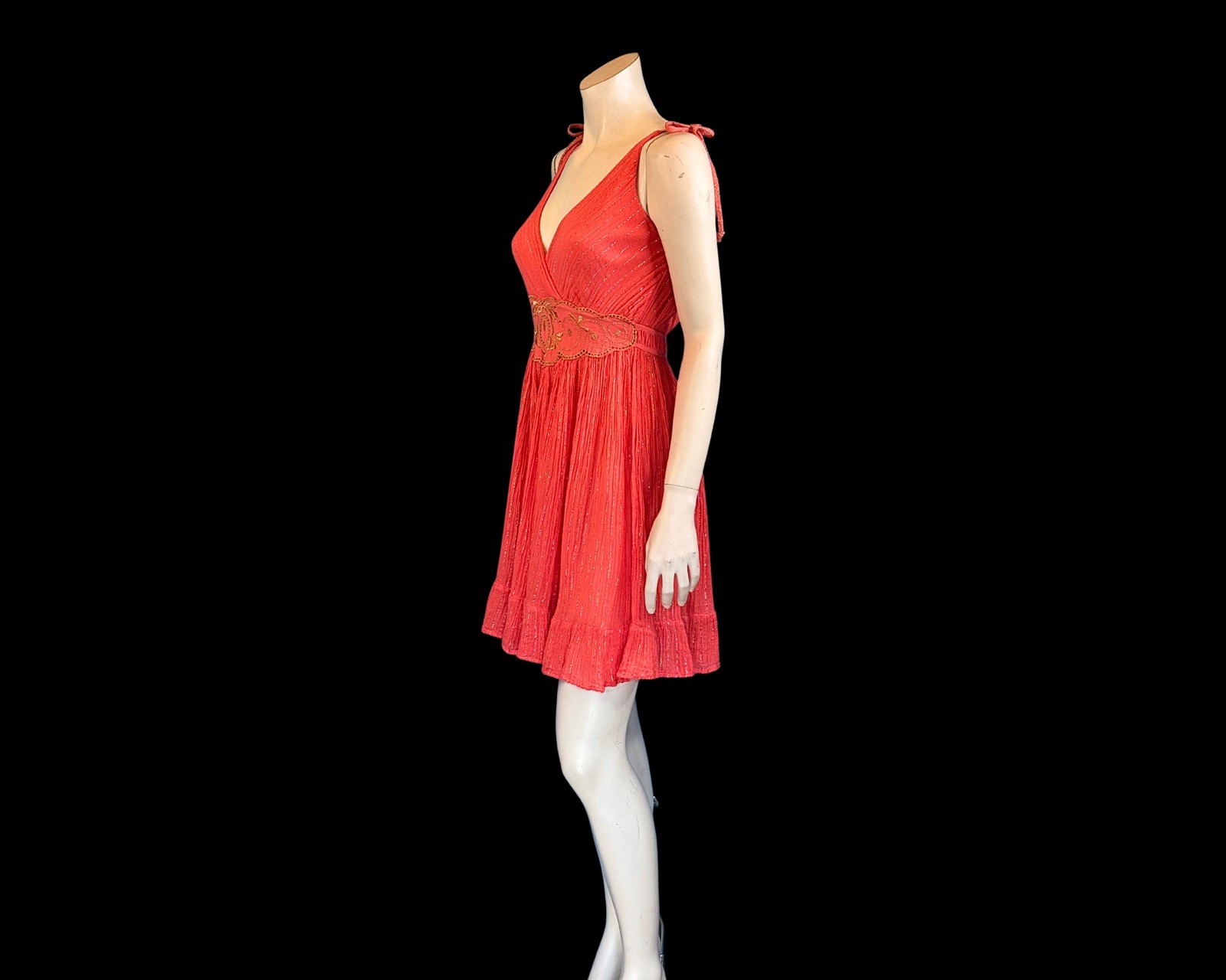 80s Greek Goddess Coral Gauze & Gold Lurex Mini Vintage Sundress | S