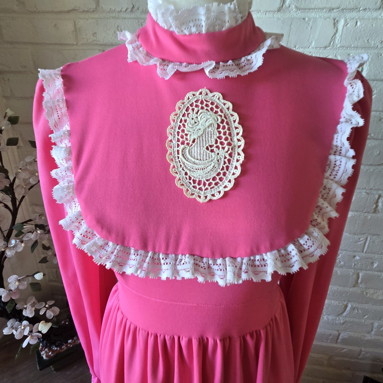 Vtg 60s 70s Pink Cameo Maxi Dress, Lace Trim, Sash, Long Sleeve, Party, Union