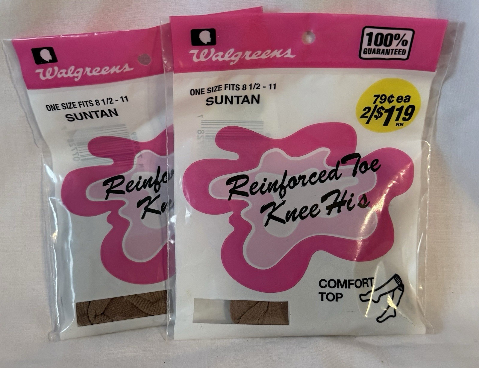Lot/2 VTG Walgreens Reinforced Toe Comfort Top Knee Highs One Size 8.5-11 Suntan