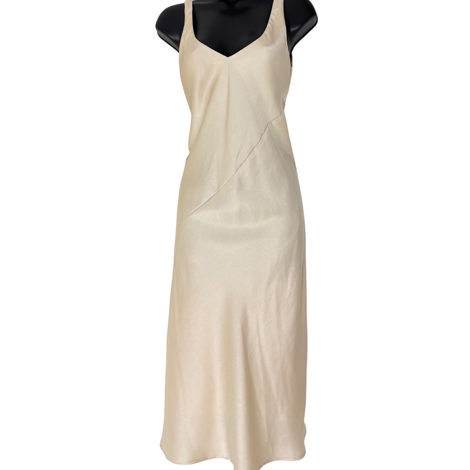 Line & Dot Cream Satin Bias Cut Midi Slip Dress