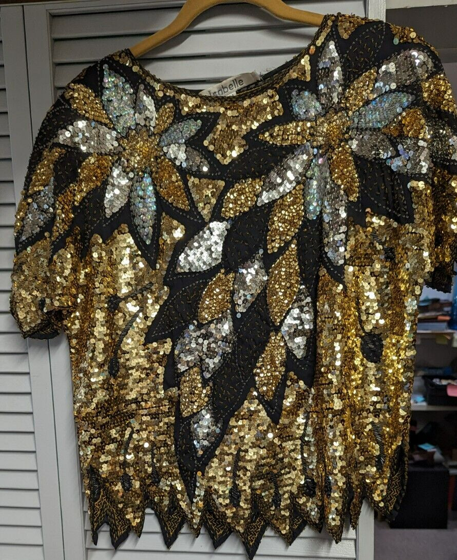 Elaborate Vintage Used Women’s ISABELLE Designer Sequins Blouse Medium Size
