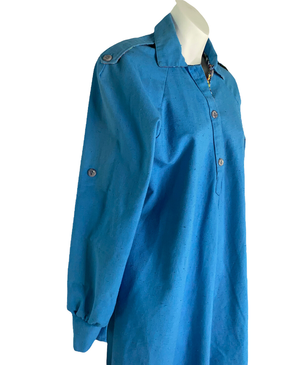 Vtg Cotton City Wash Frocks 1970s Floral Linen Look Epaulette Dress
