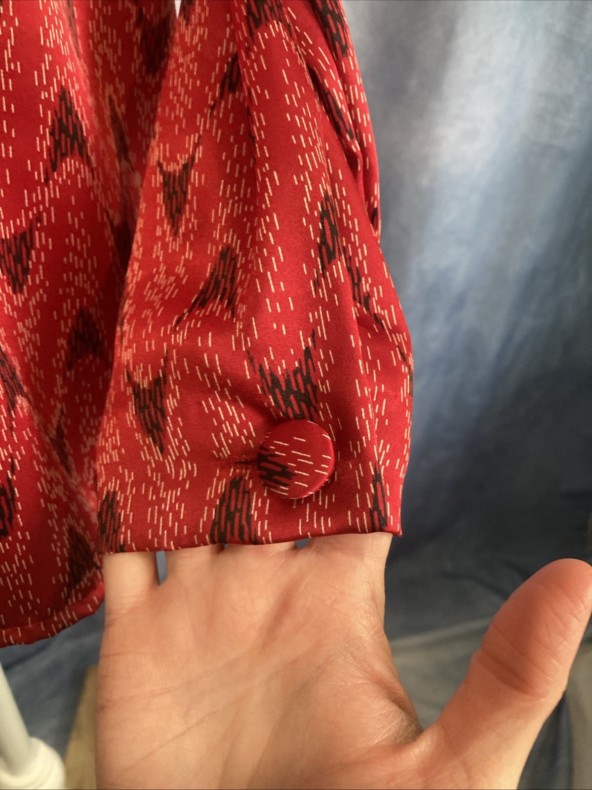 VTG 70s Weathervane Secretary Blouse Asymmetric Button Red Ikat Chevron Tie Neck