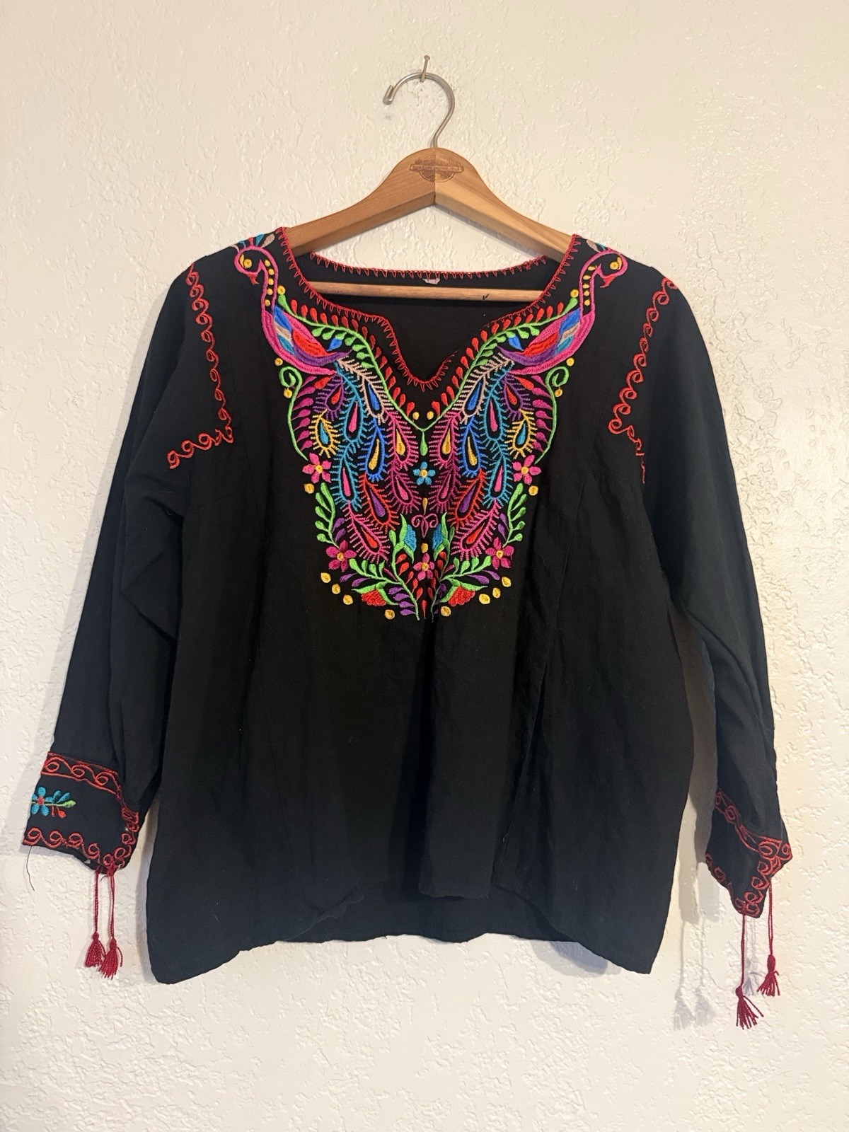 Hand-Embroidered Festival Blouse Traditional Artisan Black Top Size Medium NWOT