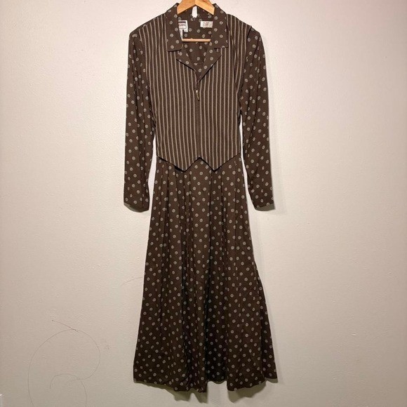 Vtg 70s Vest Floral Chocolate Brown Tie Back Librarian Maxi Collared Dress Sz 8