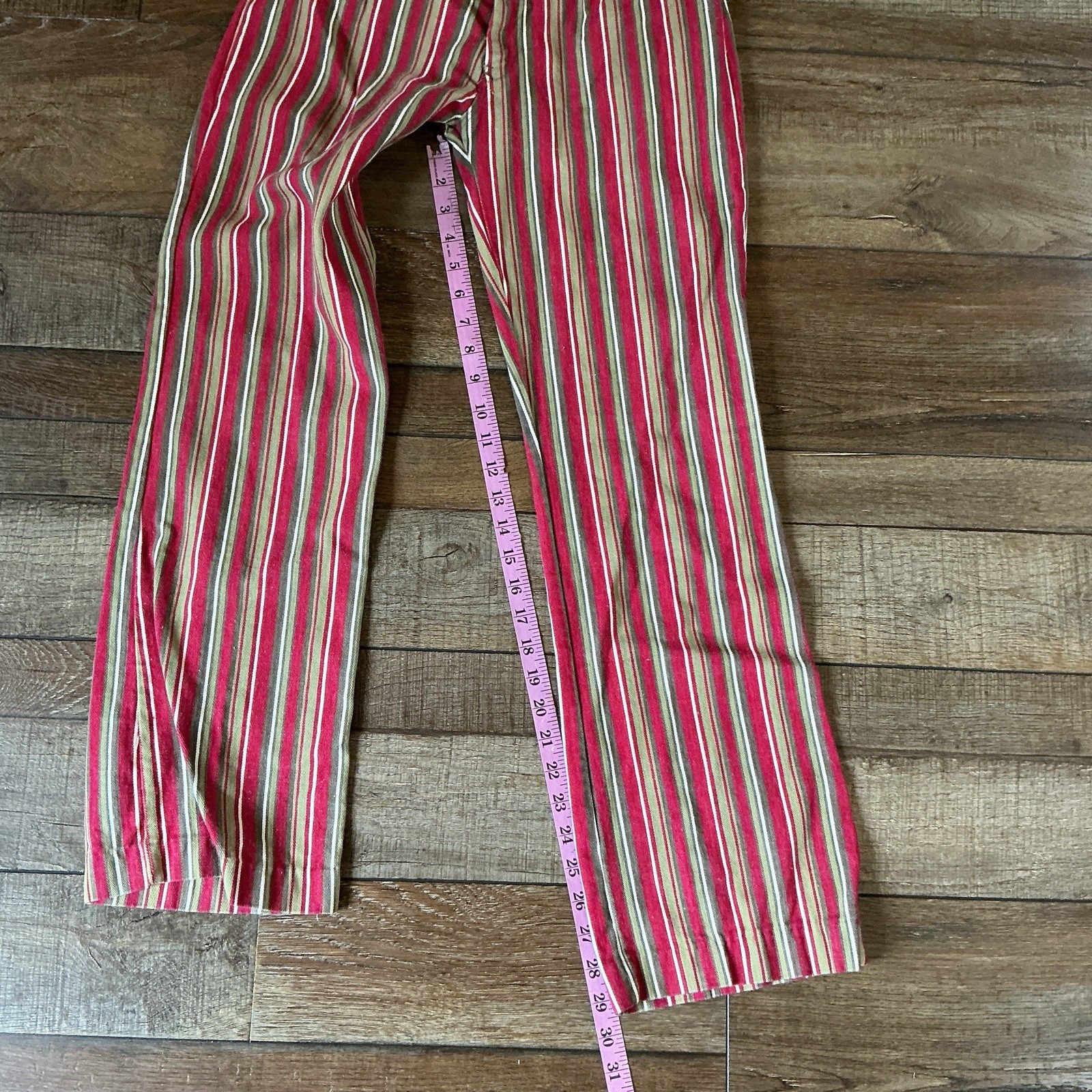 70s VTG Striped Cotton High Waist Flare Pants Red Tan Green Size W24 L29 #21E8