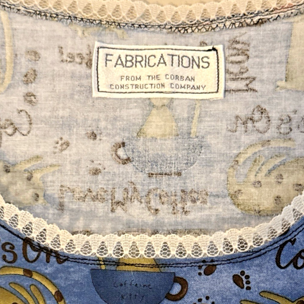VTG Handmade Cats Coffee Print House Farm Dress Womens L CHARMING Fabric Retro