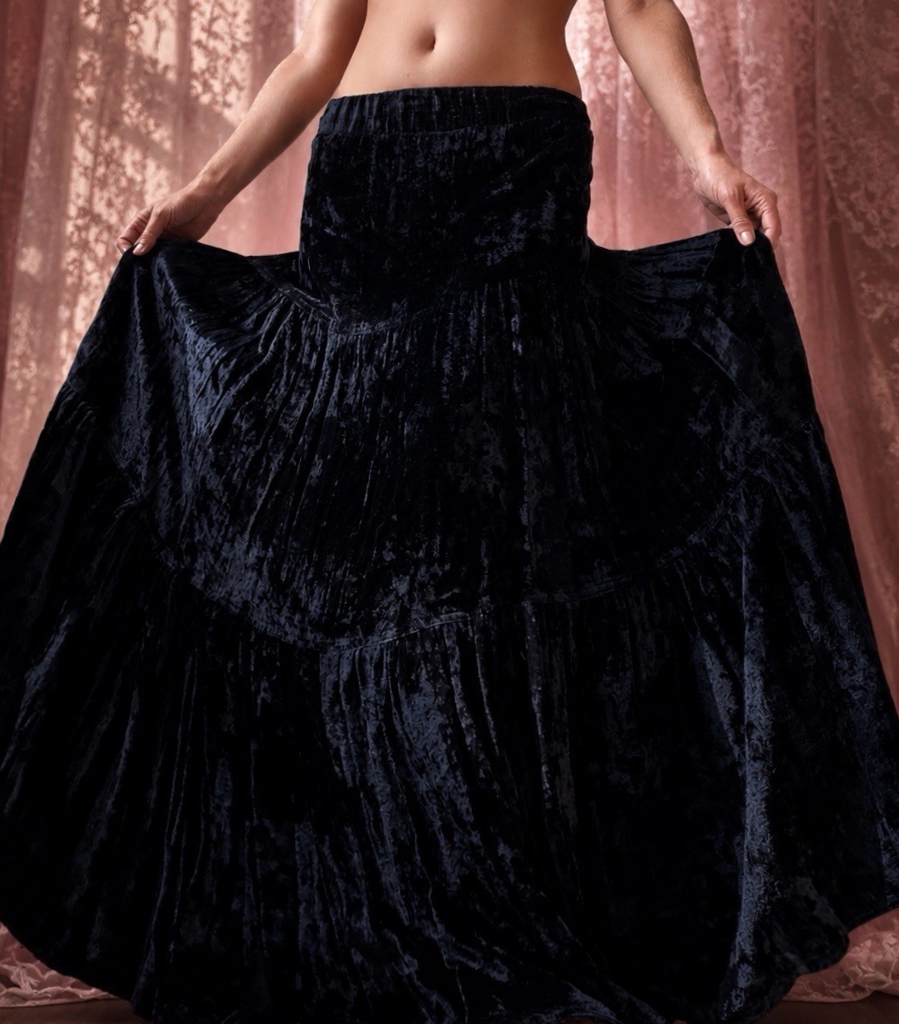 1990s dark blue heavy crushed velvet full sweep skirt