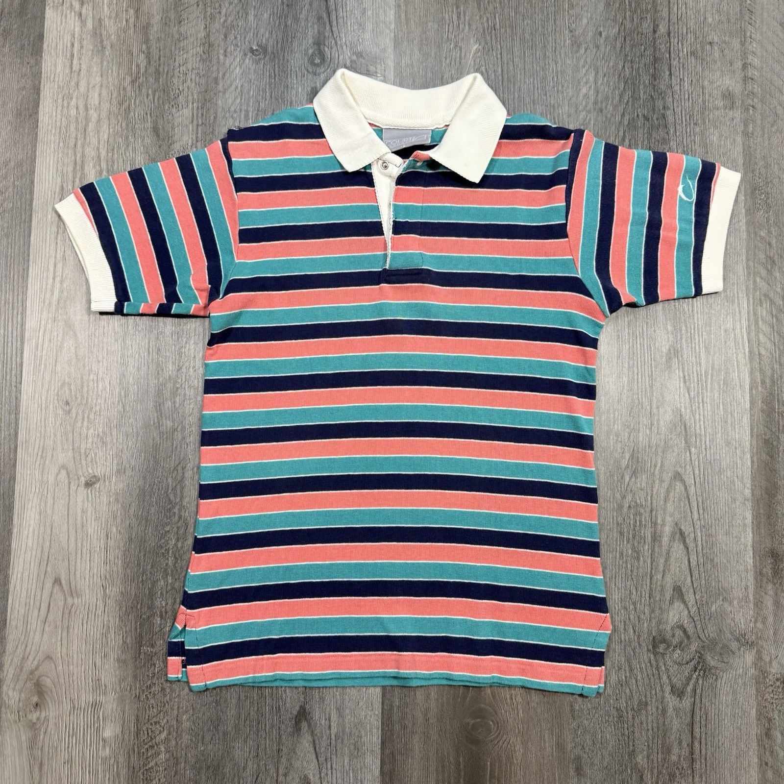 Vintage 90s Court Casuals Striped Polo Shirt Teal Pink Salmon USA Womens Small