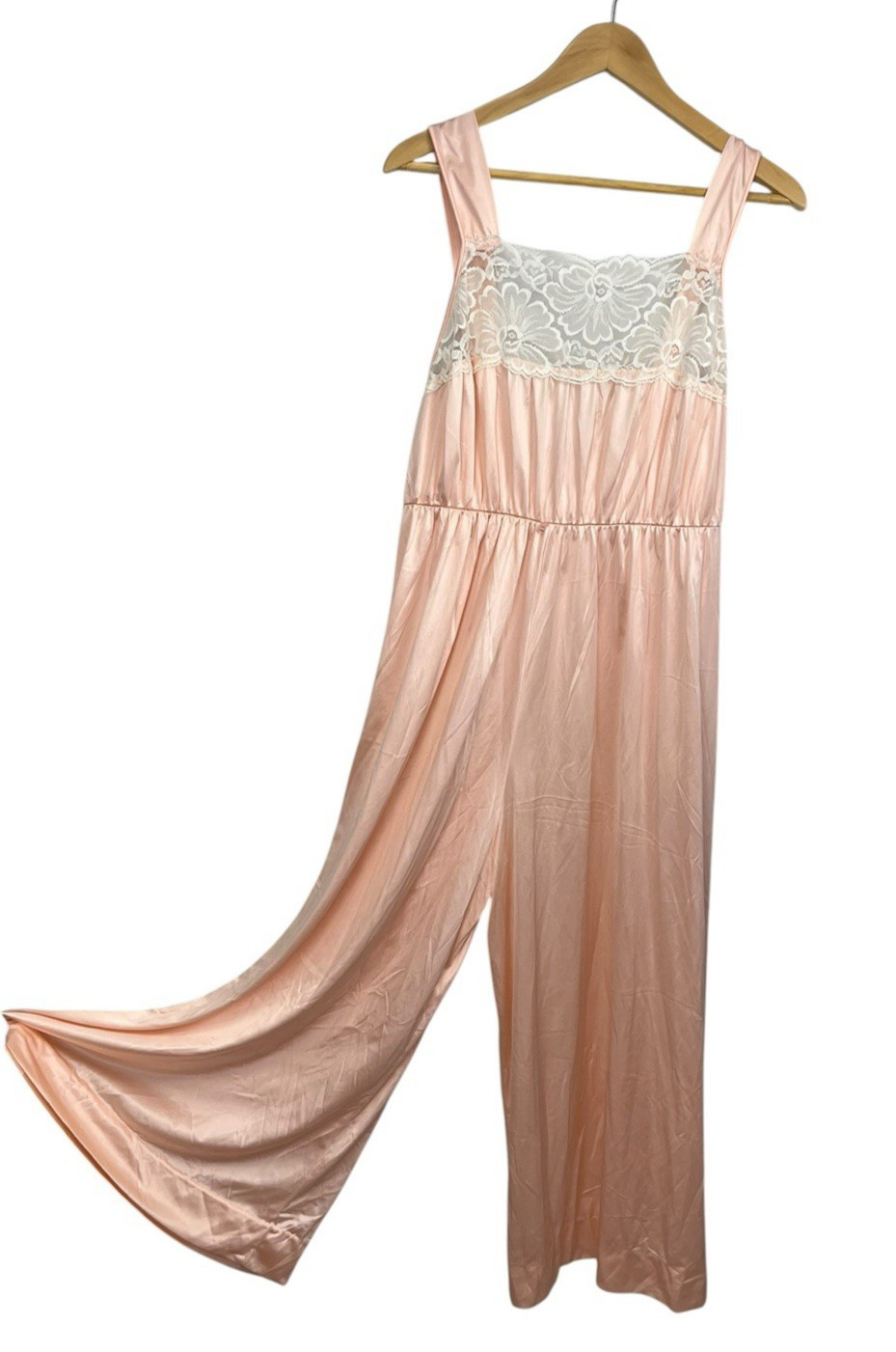 Vtg Silky Nylon Flower Lace wide PALAZZO JUMPSUIT Romper Large Nightgown Pink