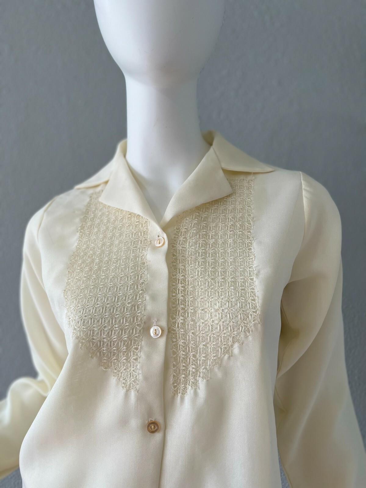 Vintae 70s Ivory Boho Semi Sheer Button Retro Disco Blouse Top S