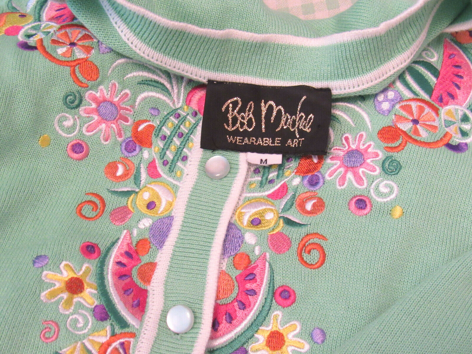VTG 1990s BOB MACKIE WEARABLE ART MED TOP EMBROIDERY FRUIT FLOWER COTTON ACRYLIC