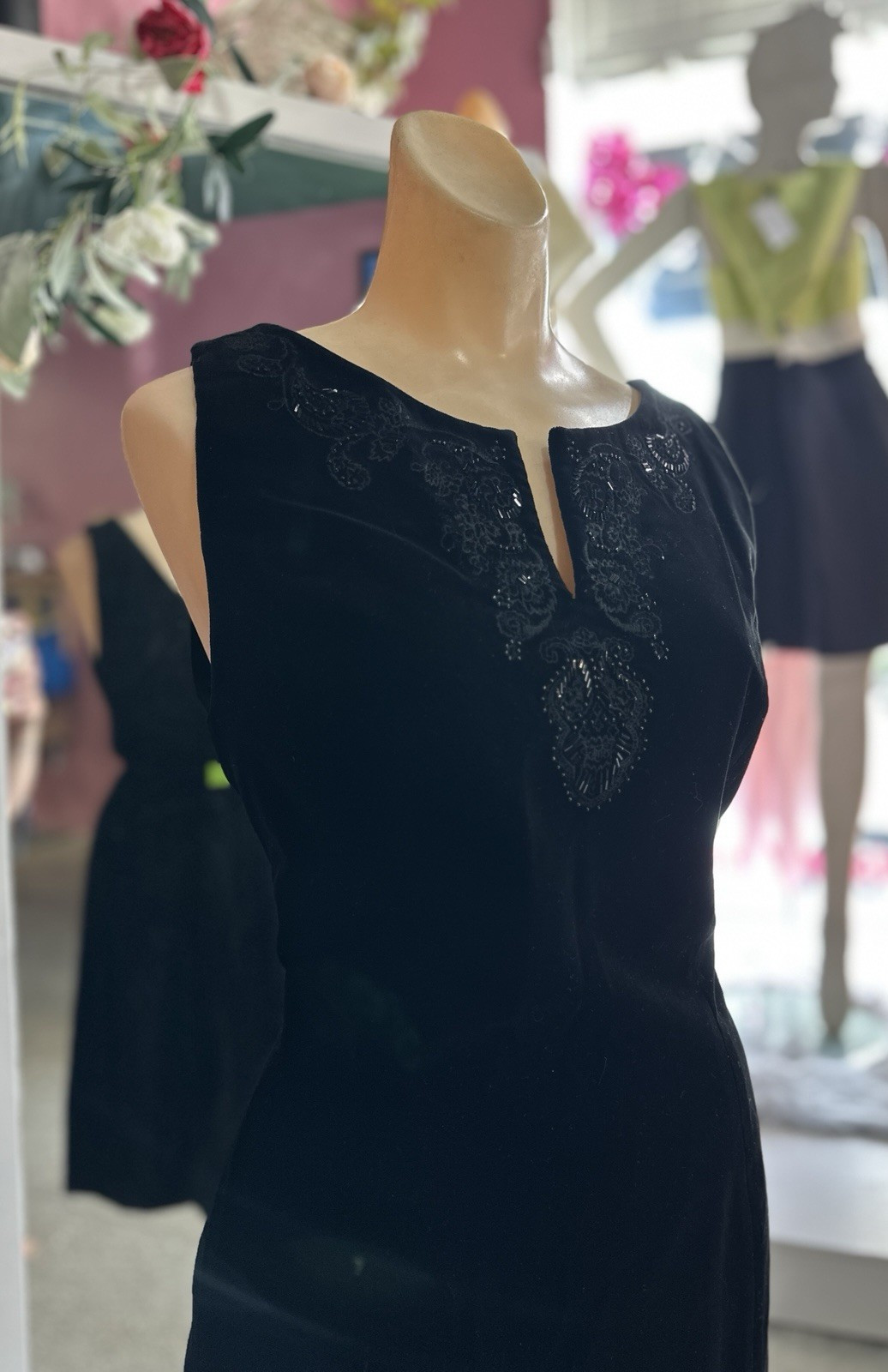Vintage 90s Black Velvet Mini Dress Laura Ashley Beaded Cocktail Party M/L