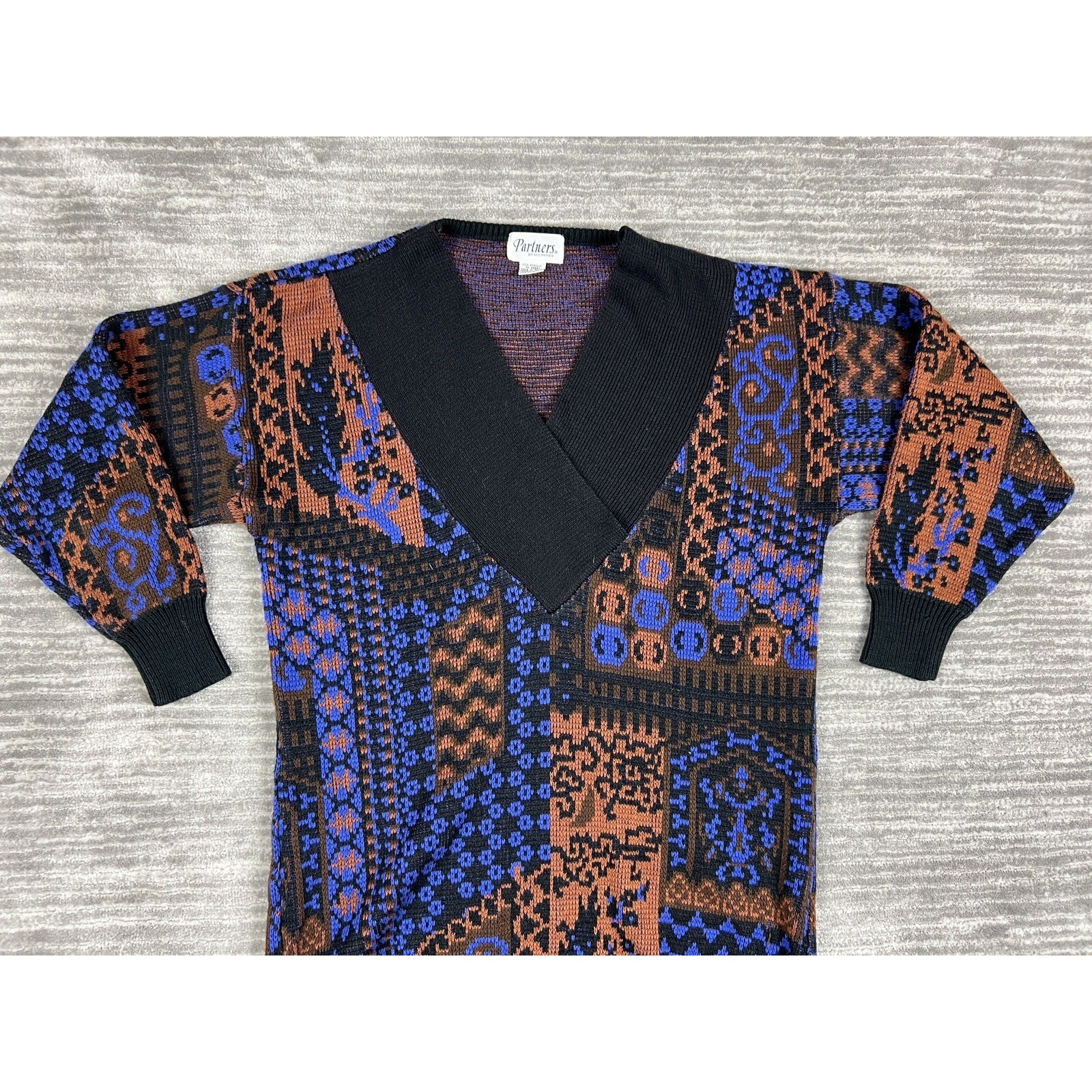 Partners by Mervyns Sweater Women Medium Blue Brown Vintage Patchwork V-Neck 80s