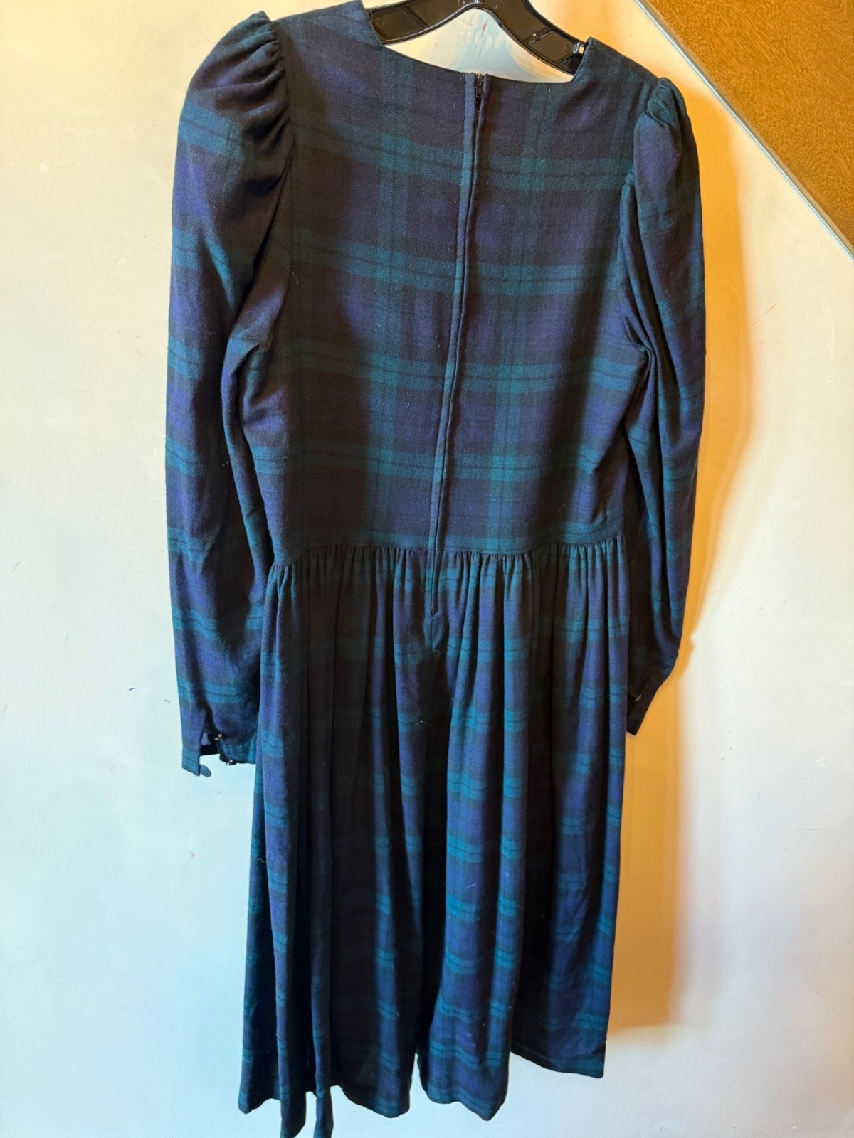 VINTAGE LAURA ASHLEY BLACK WATCH WOOL BLEND DRESS SZ UK 14 US 12 MIDI LENGTH