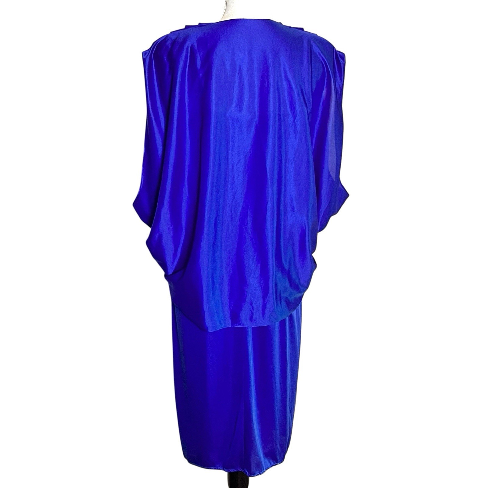 Vintage Royal Blue Satin 2 Pc Dress Set Drape Jacket Slip Midi Formal Evening M