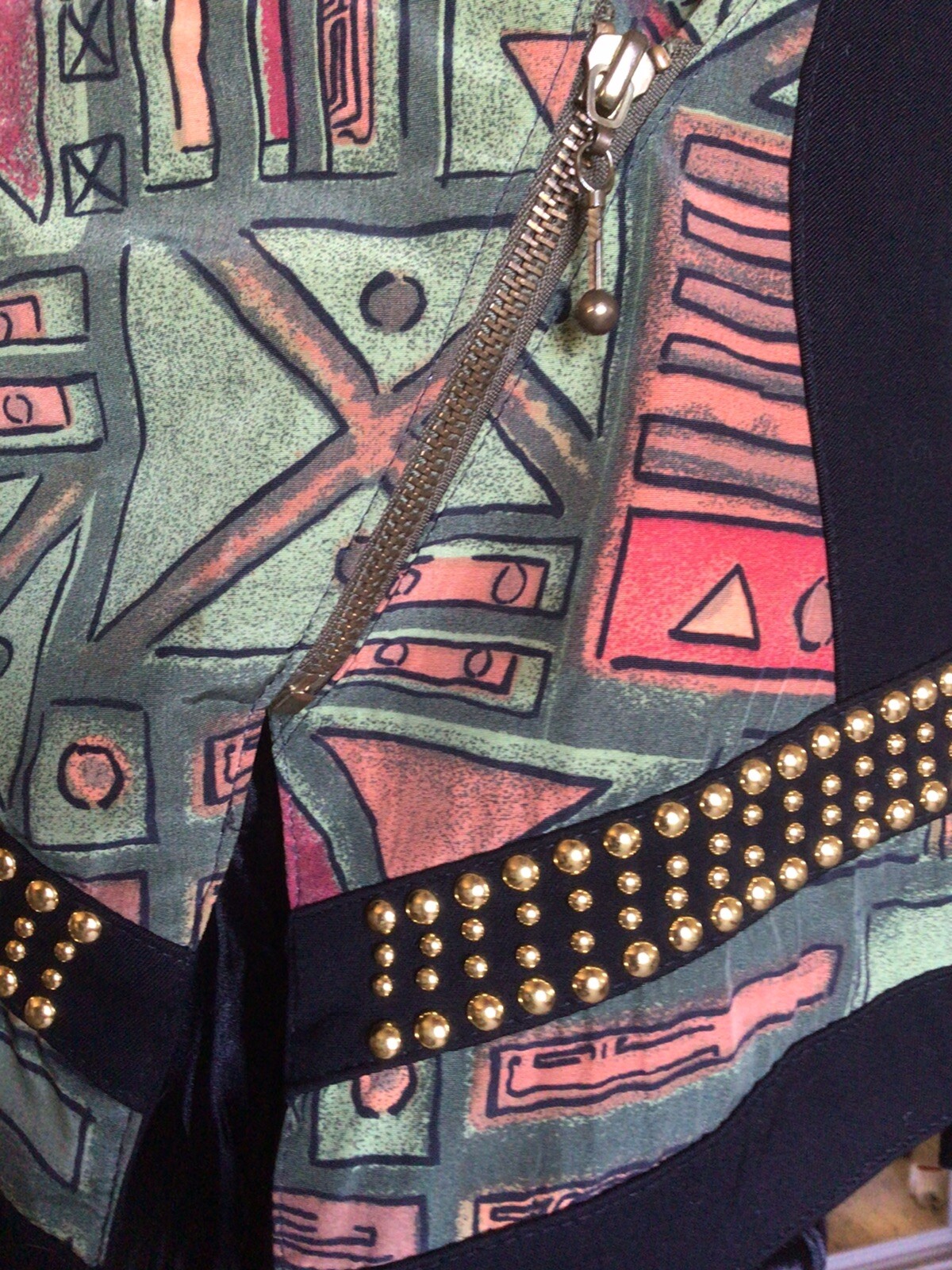 Vtg 80s Green Geometric Print Asymmetric Wasp Waist Gold Stud Peplum Jacket 10