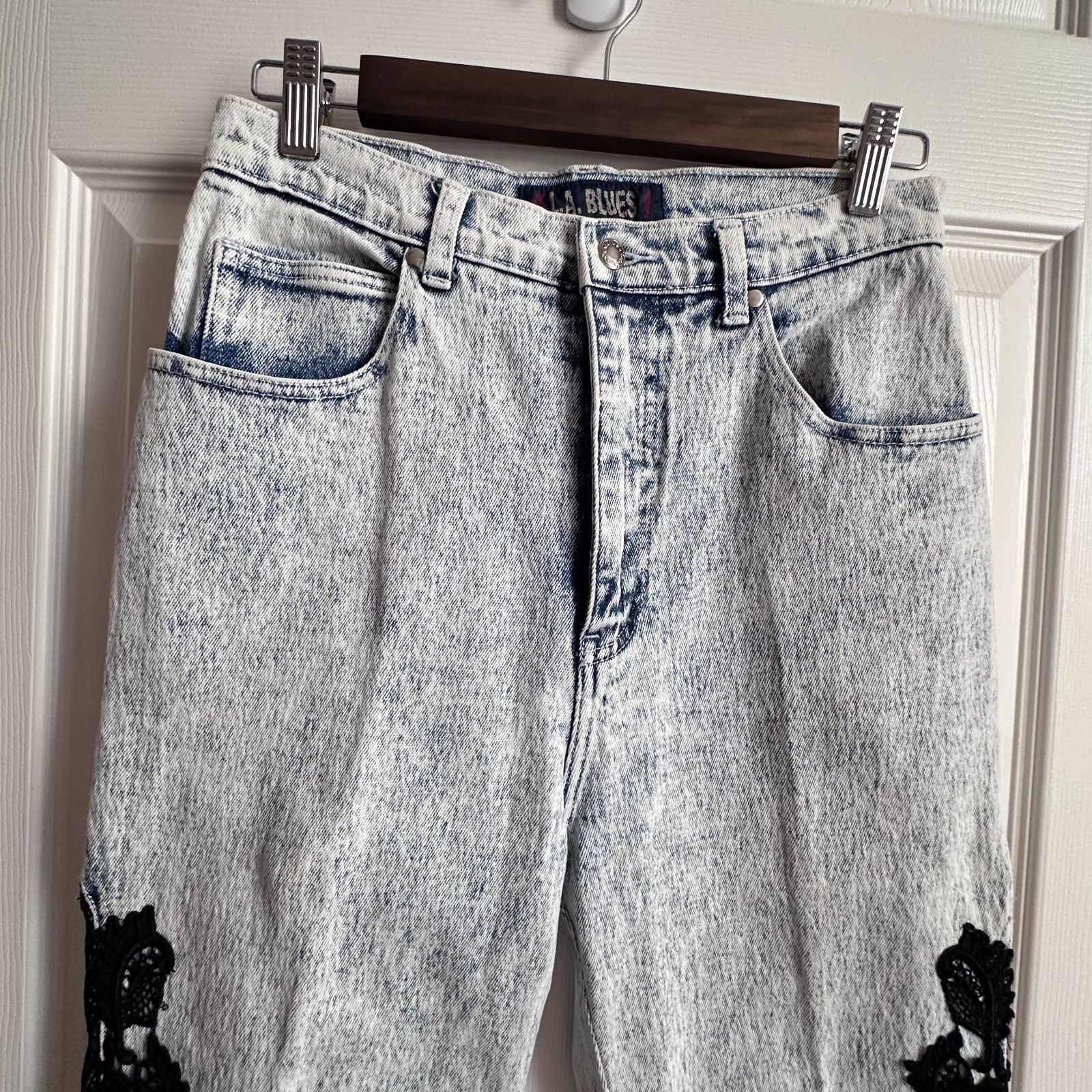 VTG 80s LA Blues Womens 10 Light Acid Wash High Rise Jeans Fishnet Floral Lace