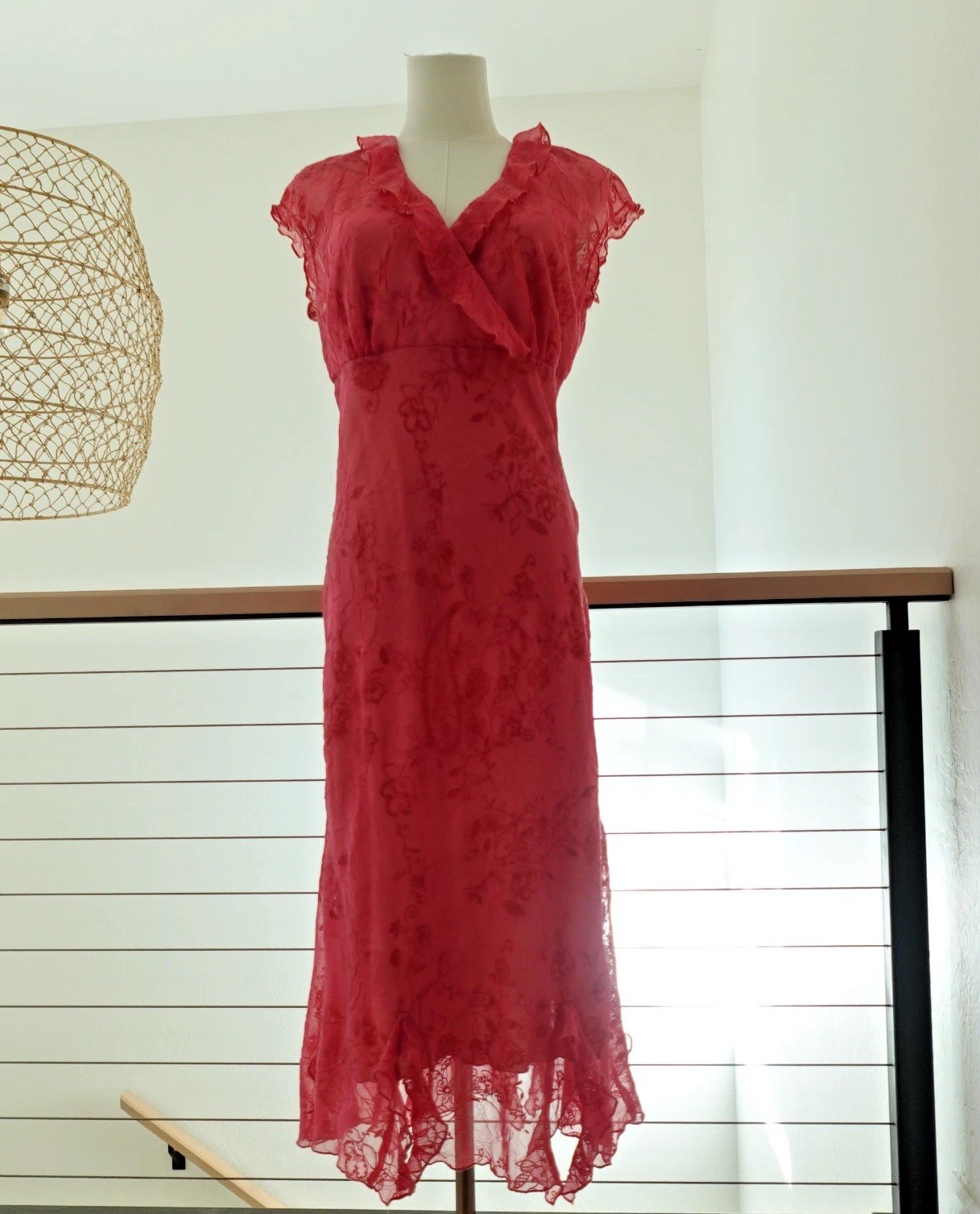 Vtg 90s Y2K CDC Dress M Pink Lace Mesh Overlay Wrap Midi Romantic Boho Feminine