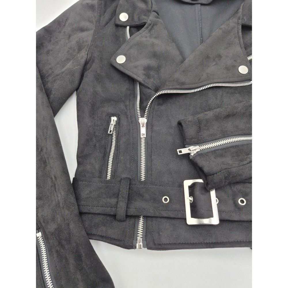 Stoosh Womens Black Faux Suede Moto Biker Jacket Belted Size M JKJR1340