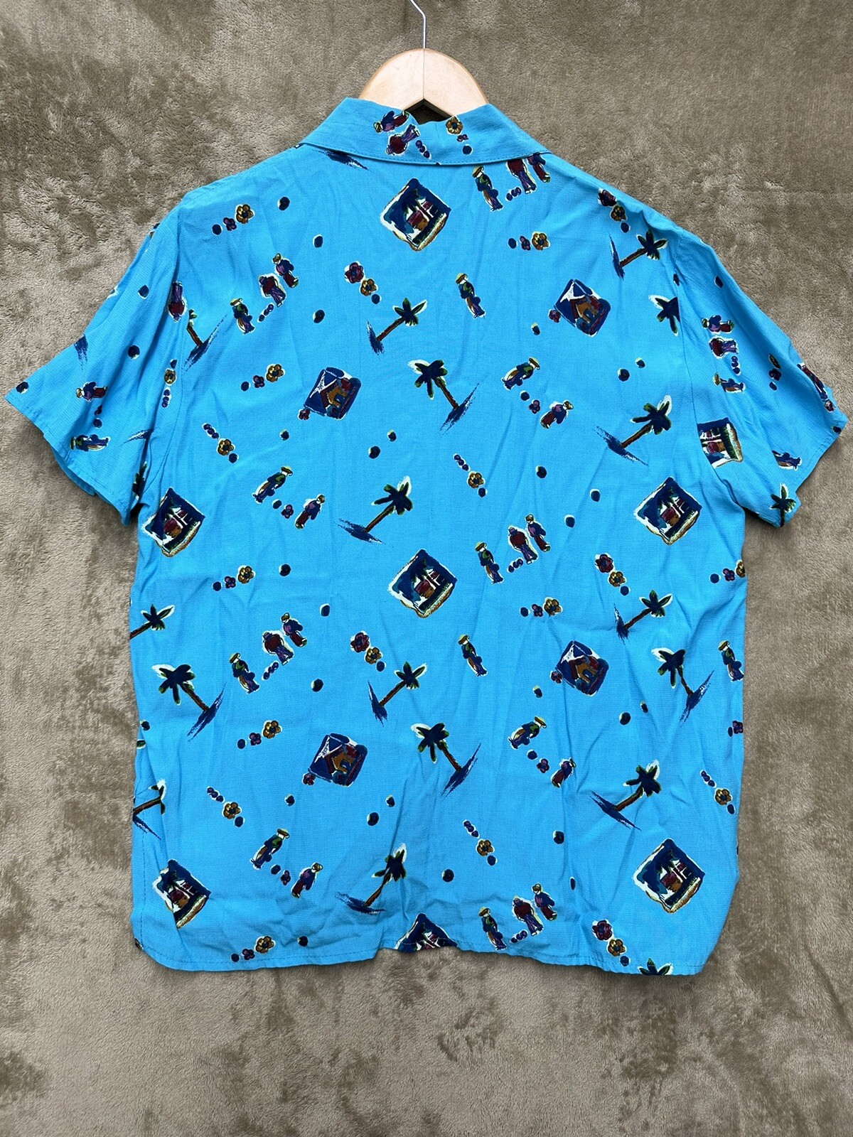 VTG 80s womens SA designs Hawaiian palm tree Button Down Shirt made in USA Blue